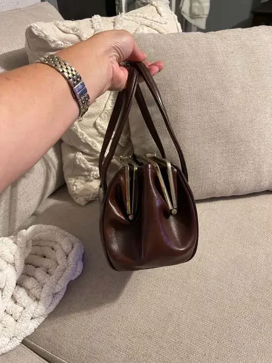 Vintage 1950s Ackery Brown Leather Triple Compartment Frame Handbag - Picture 5 of 9